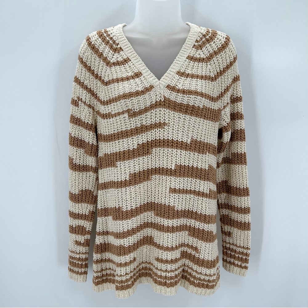 J. Jill Sweater Womens M Striped VNeck Cream Tan Pullover Long Sleeve Classic